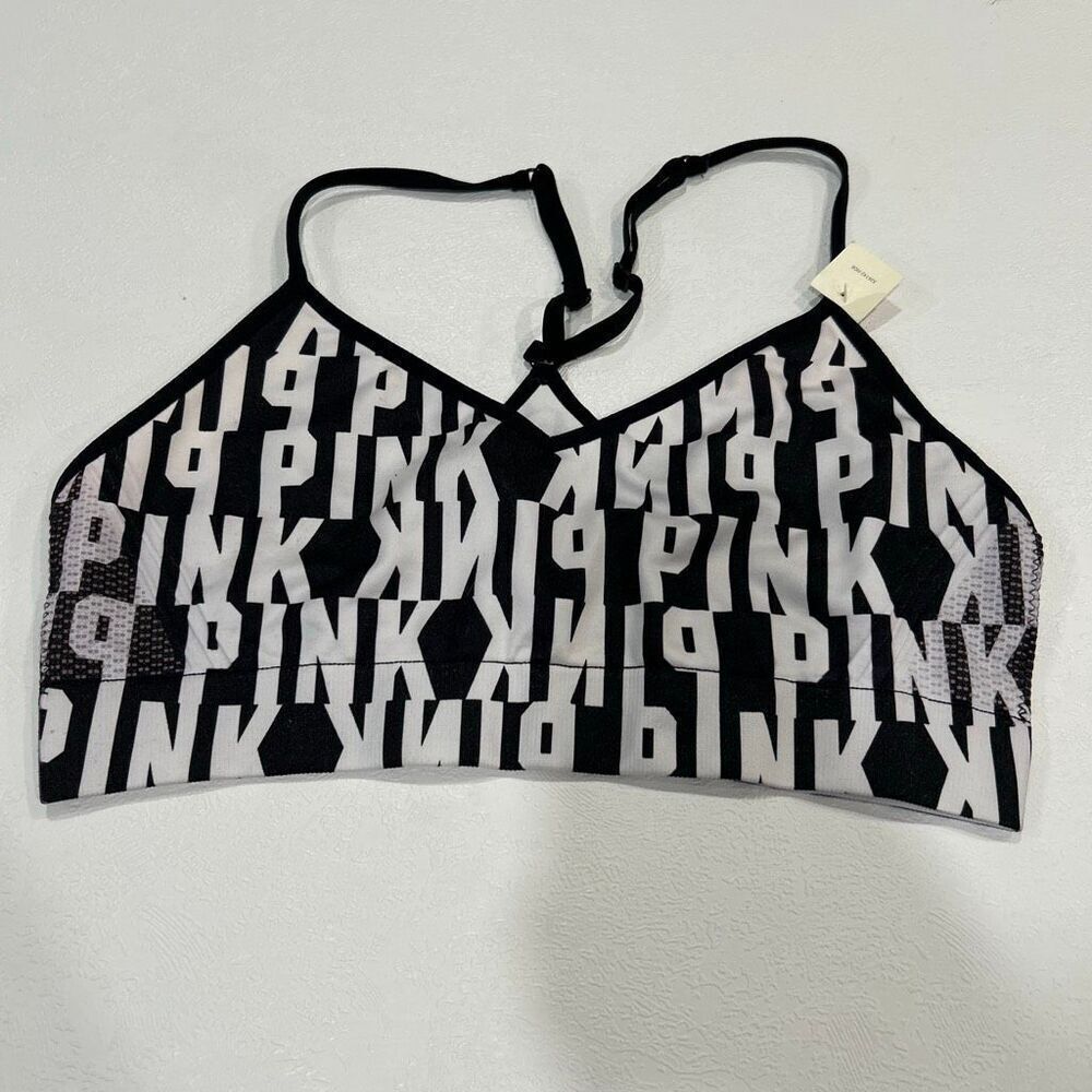 PINK Victoria’s Secret Logo Sports Bra Medium – Black White Racerback Compressio
